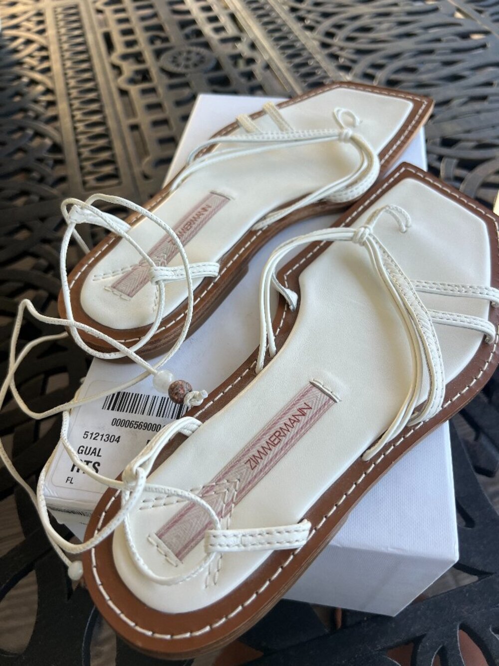Zimmermann Skinny Strap Tie Flat Sandals, off-white, size 40 / US 10